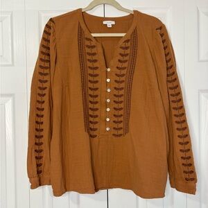 Pure Jill Popover Embroidered Blouse Orange Brown Large